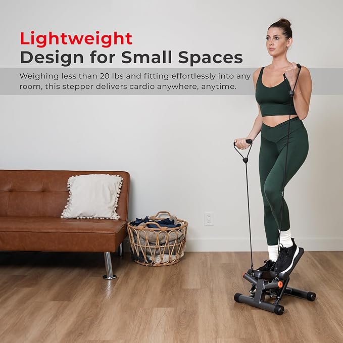 Sunny Health & Fitness Mini Stepper for Exercise at Home, Stair Step Workout Machine with Resistance Band and Over 300lb Weight Capacity, Optional Twist Motion and Free SunnyFit App Connection