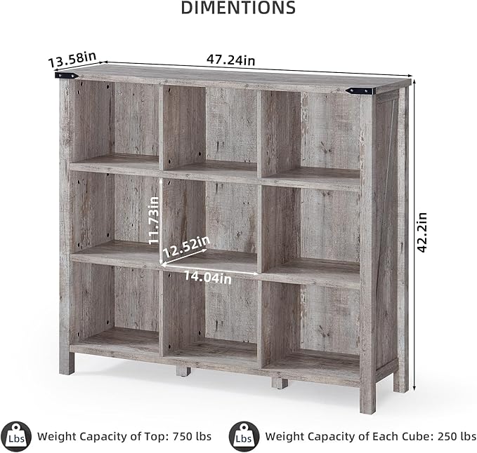 9 Cube Bookcase, Farmhouse 47 Inch Wide Grey Oak Bookshelf, Wooden 3 Tier Display Large Open Book Shelf, Vintage Horizontal Book Case for Home Office, Cubby Storage Cabinet for Living Room