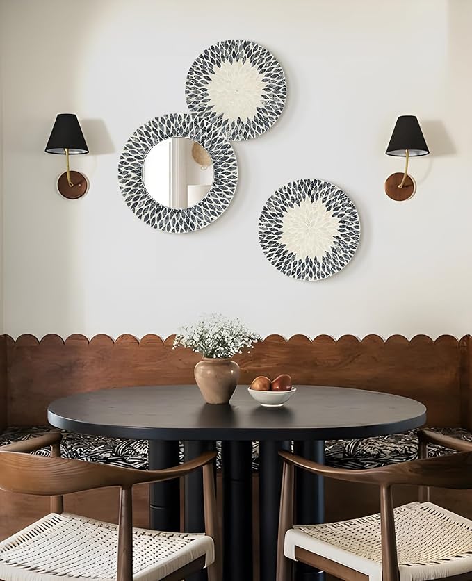 Natural Mother of Pearl Mirror Wall Decor for Bedroom Bathroom, 3PCS Geometric Wall Art Modern Home Office, Handmade Mosaic Art Circle Sculptures for Kitchen Living Dining Room (Black White)