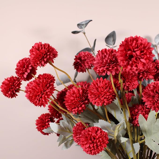 Burgundy Flowers, Maroon Artificial 10 Long Stems + Eucalyptus, Wine Colored Silk Flowers for Burgundy Decor, Fall Table Centerpieces, Dark Red Faux Mums, Thanksgiving Centerpieces For Tables