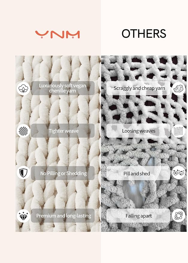 YnM Chunky Throw Blanket, Hand Knitted with Chenille Yarn, Skin Friendly, Ventilated and Breathable, Machine Washable, Home Décor Piece for Couch, Sofa and Bed (Butter Cream, 50x60 Inch)