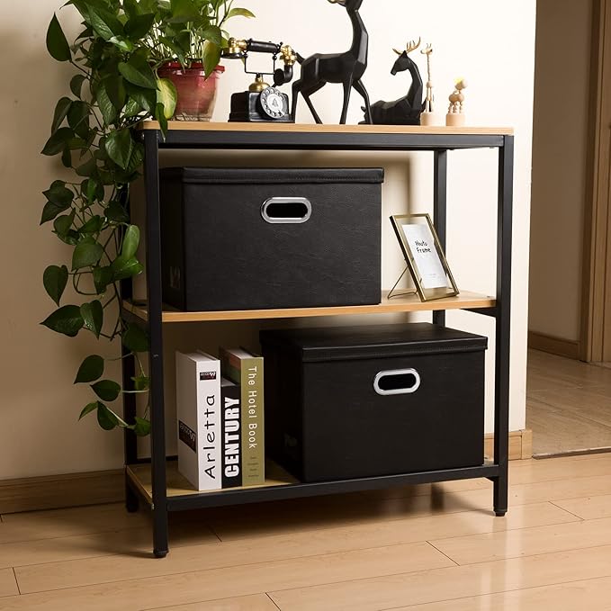 PRANDOM Large Stackable Storage Boxes with Lids [5-Pack] Leather Fabric Foldable Storage Bins Organizer Containers Baskets Cubes with Cover for Bedroom Closet Office Nursery Black(17.7x11.8x11.8)