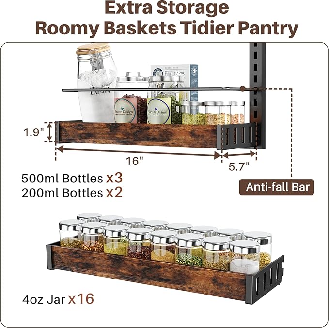 8 Tier Over The Door Pantry Organizer, 2 IN 1 Wall Mount or Metal Hanging Spice Rack for Pantry Organizers and Storage, Seasoning Shelves，Adjustable Basket with Hooks for Kitchen, Bathroom,Laundry