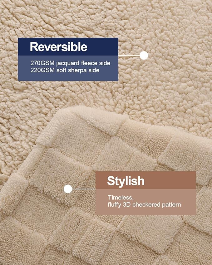 Pawque Super Soft Cozy Throw Blanket for Couch Sofa Bed - Fluffy Sherpa Fleece Reversible Thick Warm Fuzzy Blanket for All-Season, 3D Checkered Jacquard Elegant Decorative Blankets, Khaki, 50" x 60"