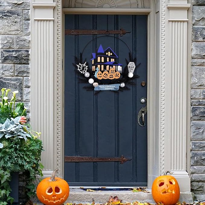 Lighted Halloween Wreaths for Front Door, Welcome Metal Wooden Door Wreath Decor Hanging Sign, 30 LED Lighted Wall Decor Battery Operated for Halloween Indoor Outdoor (Pumpkin)