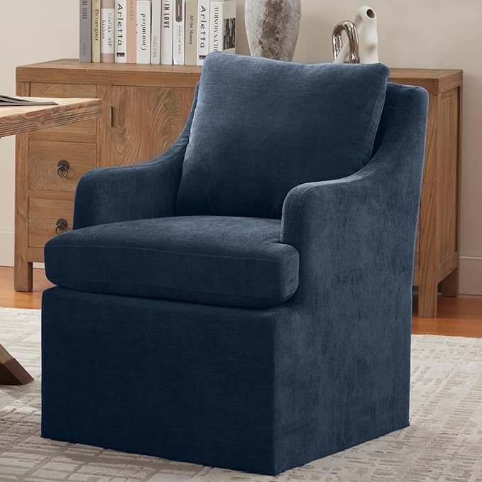 VKNOW Upholstered Dining Chairs, Modern Kitchen Chairs Dinner Chairs with 4 Casters, Linen Armchair for Bedroom Reading Room Living Room, Navy