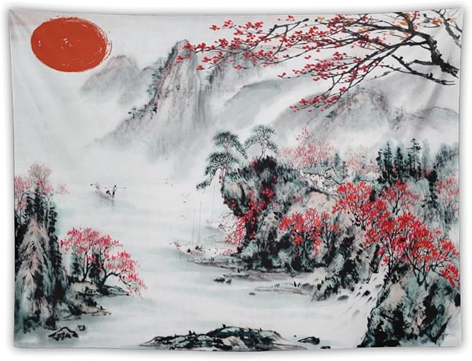 Cherry Blossoms Tapestry,Japanese Red Landscape Asian Watercolor Abstract Art Tapestry, Asian Japanese Wall Tapestry, Nature Landscape Tapestries for Bedroom Living Room Decor 90"x60"