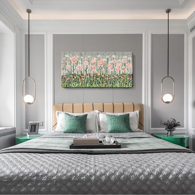 amatop Large Floral Wall Art Modern Abstract Flower Field Canvas Picture Botanical Artwork Rustic Wall Decor for Living Room Bedroom Pink Green Blooming Wildflower Forest Nature Art Print 48x24in