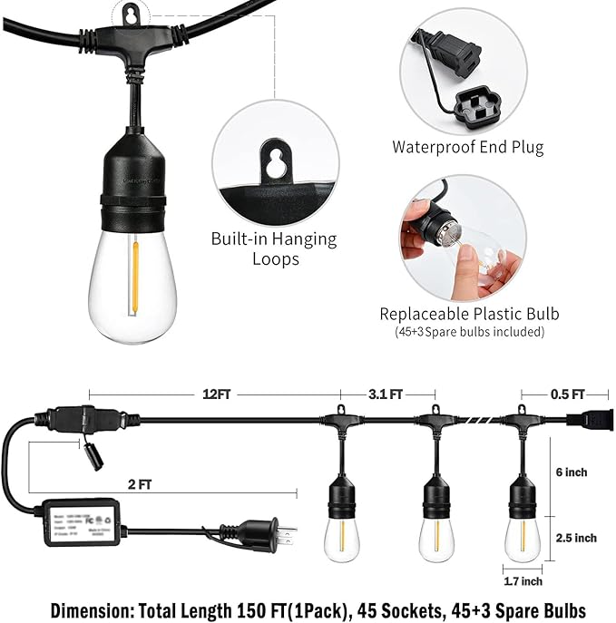 1-Pack 150 ft Outdoor String Lights with Remote Patio Lights Weatherproof, 45+3 Spare S14 Shatterproof Warm 2200K Bulbs, 3 Lighting Modes&Dimmable&Timer