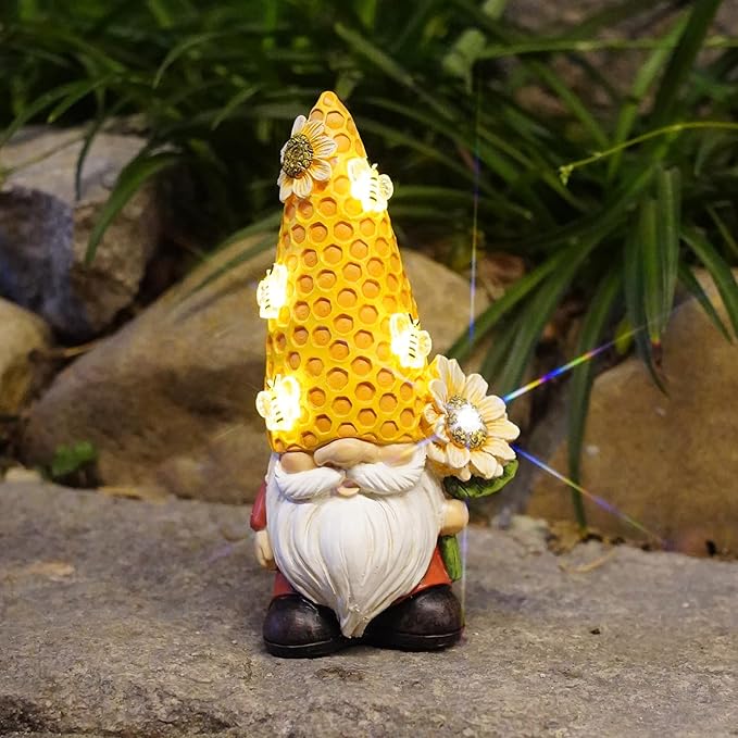 Garden Gnome Statue Solar Powered with Glowing Bees Sunflower Outdoor Funny Resin Figurine Decorations for Patio Yard Lawn Porch Housewarming Ornament Gift