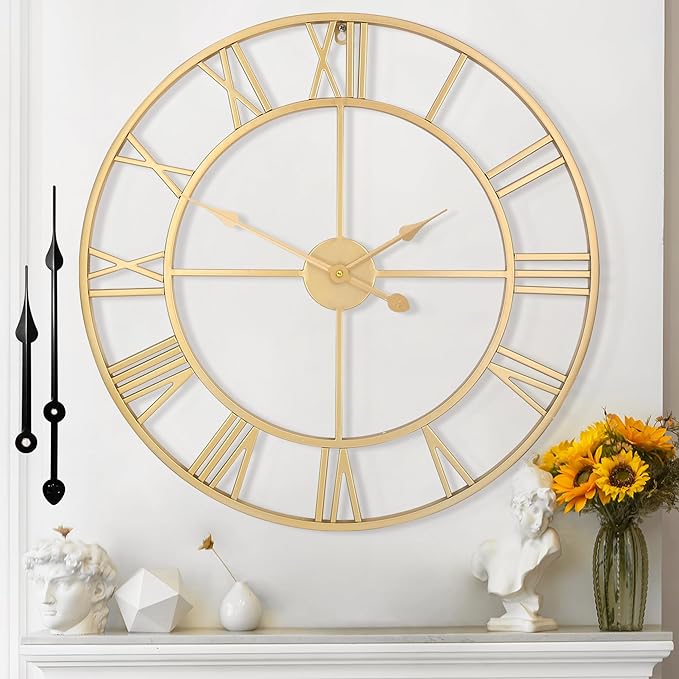 Large Wall Clock for Living Room Decor - 47cm/ 18 Inches Silent Non-Ticking Metal Wall Clocks Battery Operated, Vintage Decorative Modern Wall Clock for Bedroom, Office, Farmhouse Decor
