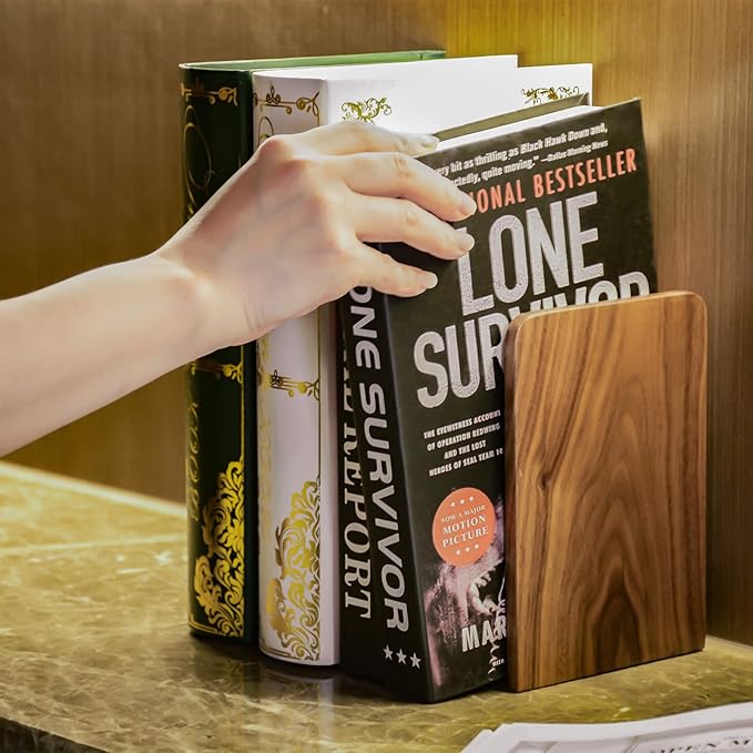 Large Bookend Hold Heavy Books- 7x4x5in 2 Pack Wood Bookends for Heavy Books Heavy Duty Walnut Book Ends for Men Wood Bookends for Office Desk Non-Skid