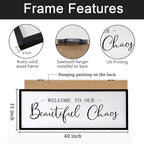 Welcome to Beautiful Chaos Framed Wall Art, 40''×15'' Rustic Horizontal Beautiful Chaos Plaque with Black Frame for Entryway Living Room, Farmhouse Long Welcome to our Chaos Wood Sign Wall Decor