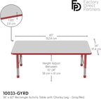 Factory Direct Partners FDP Rectangle Activity School and Classroom Kids Table (36 x 60 inch), Toddler Leg, Adjustable Height 15-24 inches - Gray Top and Red Edge