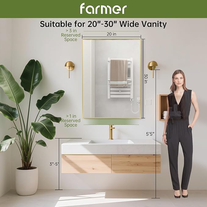 FARMER 20x30 Inch Gold Bathroom Mirror, Rectangle Wall Mounted Mirror, Vanity Mirror, Brushed Square Mirror, Framed Bathroom Mirror for Bedrooms, Entryways, Living Rooms, Horizontal/Vertical