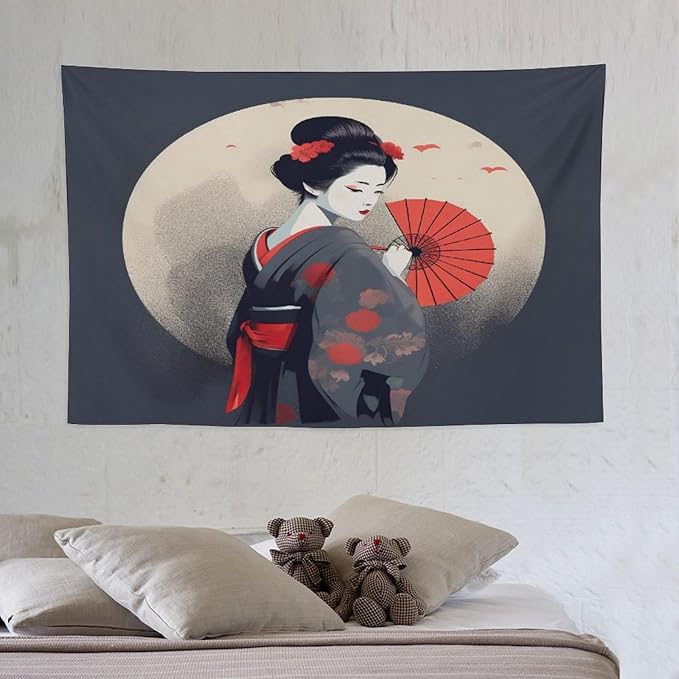 Japanese Woman Geisha Tapestry Asian Red Cherry Blossom Red Sun Traditional Kimono Folk Tapestries Home Decor for Living Room Bedroom Apartment Farmhouse Dorm 60"x40"