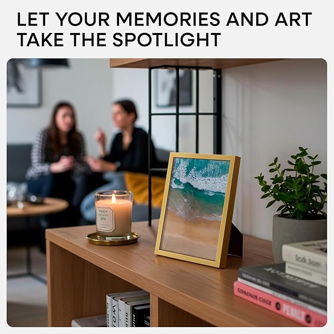 Homeforia A5 Picture Frame Gold, High End Metal 5.8 x 8.3 Frames Matted to 4.1 by 5.8 inch Photo, A5 Frame with Mat A6, 5.8x8.3 Poster Frames, 8.3x5.8 Display Frame, Tempered Glass, Wall Kit, Set of 1