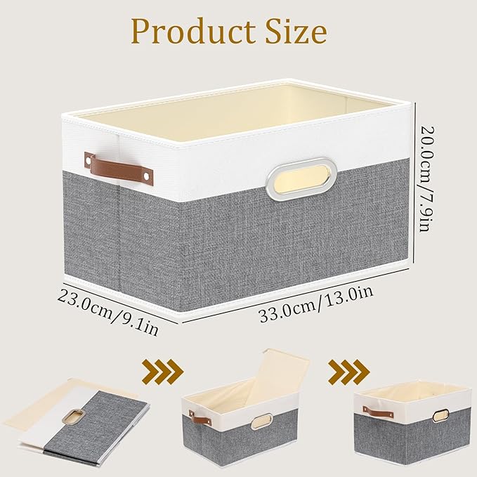 Yawinhe Fabric Storage Baskets, Foldable Closet Organizer for Shelves, Large Boxes with 3 Handles, Canvas Bins for Clothes, White/Grey, 12.99''Lx9.05''Wx7.87''H, 6-Pack