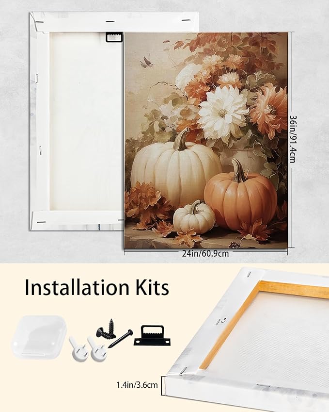 AbcCustomize Vintage Pumpkin Floral Wall Art Decor, Rustic Fall Daisy Flowers Canvas Print for Farmhouse Autumn Decor, Thanksgiving Decorations for Living Room Kitchen Dining Room, Ready to Hang
