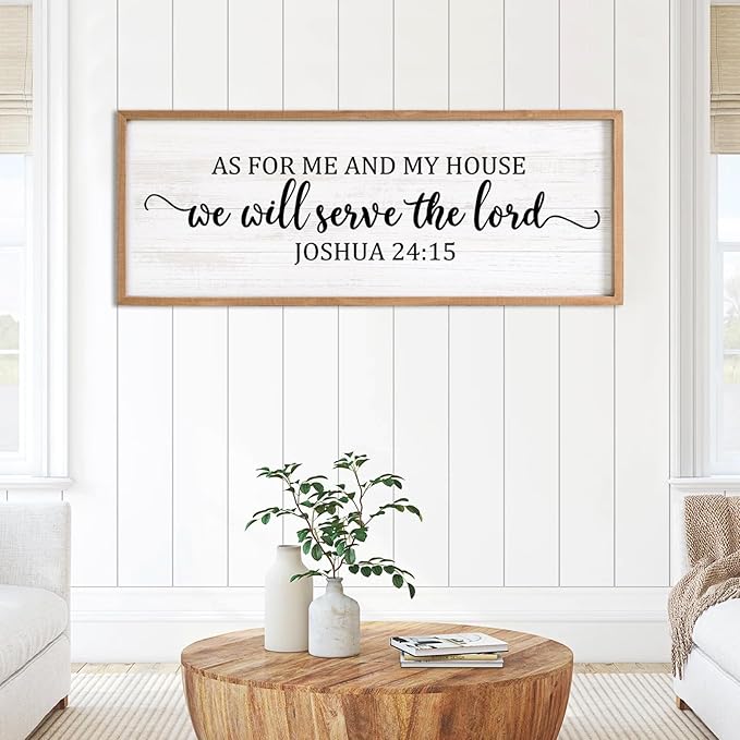 As For Me And My House We Will Serve The Lord Framed Wall Art, 40''×15'' Horizontal Positive Religious Rustic Bible Verse for Christian God Jesus Christ Prayer, Vintage Holy Catholic Scripture Decor