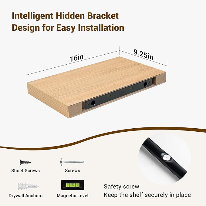 16 Inch Floating Shelves, 3D Textured Wood Grain, 16"x9.25"x1.5" Inch Deep Floating Shelves for Wall, Wooden Shelves for Bathroom, Bedroom, Living Room, Natural