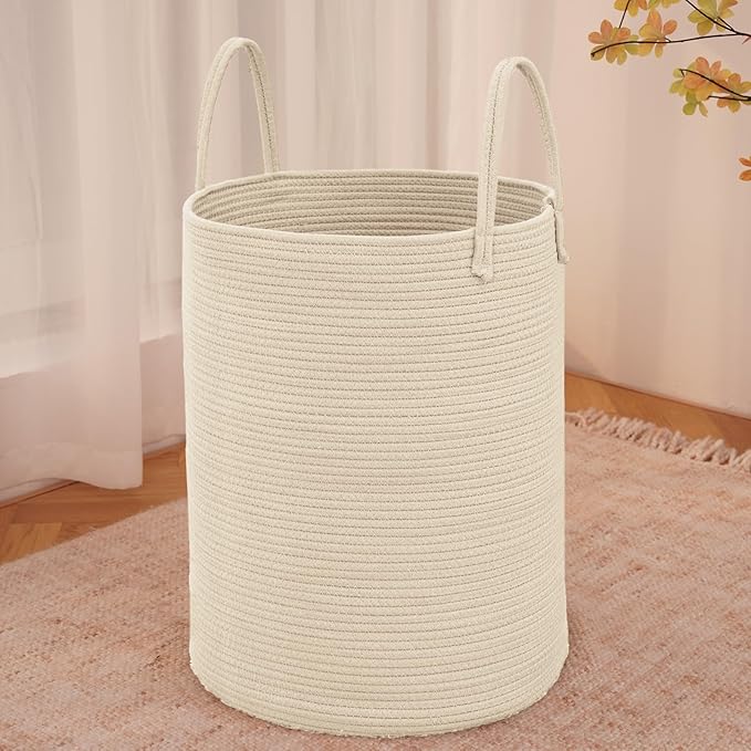Large Woven Laundry Basket Hamper,100L Cotton Rope Storage Bin for Blankets,Toys and Clothes,Decorative Tall Nursery Hamper for Living Room,Baby Nursery,Bathroom and Bedroom,Beige