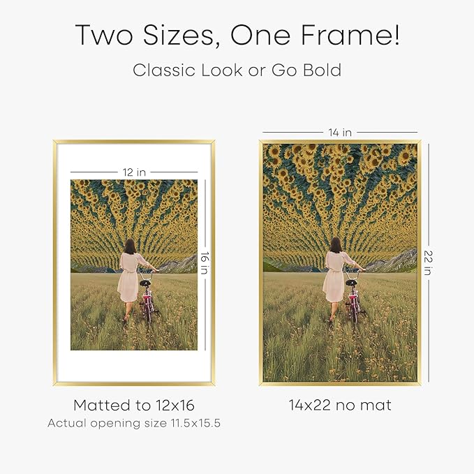 Homeforia 14x22 Picture Frame Gold, High End Metal 14x22 Poster Frames with Mat 12x16 Photo, 14 x 22 Gold Frames Matted to 12 by 16 Print, 22x14 Thin Hanging Frames, Tempered Glass, Wall Kit, Set of 1