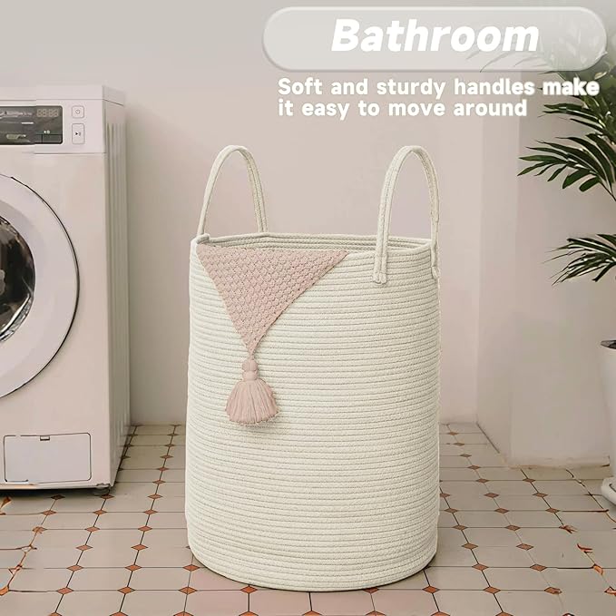 Large Woven Laundry Basket Hamper,80L Cotton Rope Storage Bin for Blankets,Toys and Clothes,Decorative Tall Nursery Hamper for Living Room,Baby Nursery,Bathroom and Bedroom,White