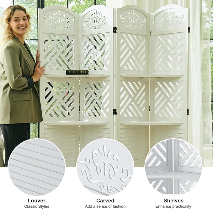 Room Divider with Shelves, 68.9inch Wood Carved and Louvered Wall Divider Freestanding, 4 Panels Folding Partition Screen for Bedroom Home Office (White)