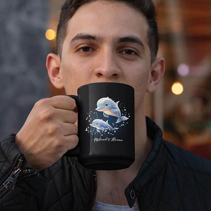 Custom Name Xmas Animal Cup, Cute Dolphins Swimming Design Mug 11oz 15oz, Customized Christmas Dolphins Black Cup, Personalized Animal Lover Coffee Mug, Gift For Newlyweds, Close Friend