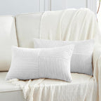 Fancy Homi 2 Packs White Long Lumbar Decorative Throw Pillow Covers 12x24 Inch for Couch Bed Sofa, Rustic Farmhouse Boho Home Decor, Soft Striped Corduroy Rectangle Accent Cushion Case 30x60 cm