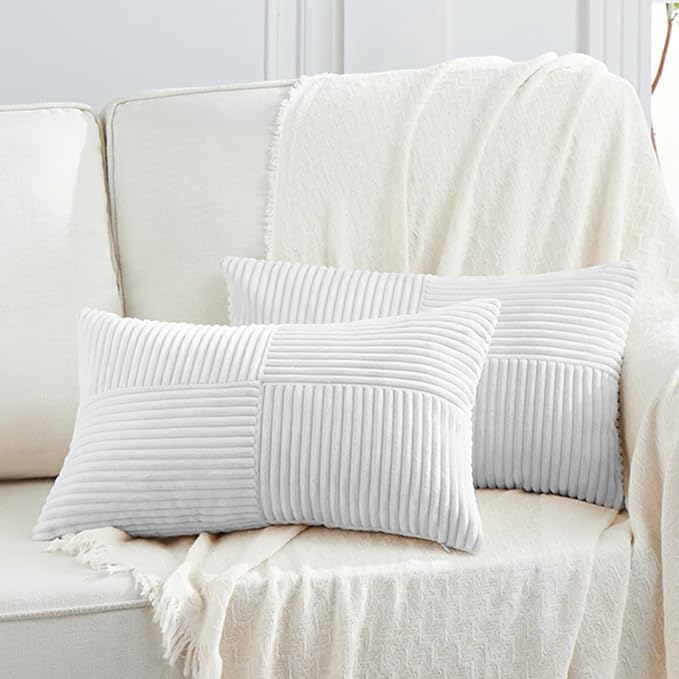 Fancy Homi 2 Packs White Long Lumbar Decorative Throw Pillow Covers 12x24 Inch for Couch Bed Sofa, Rustic Farmhouse Boho Home Decor, Soft Striped Corduroy Rectangle Accent Cushion Case 30x60 cm