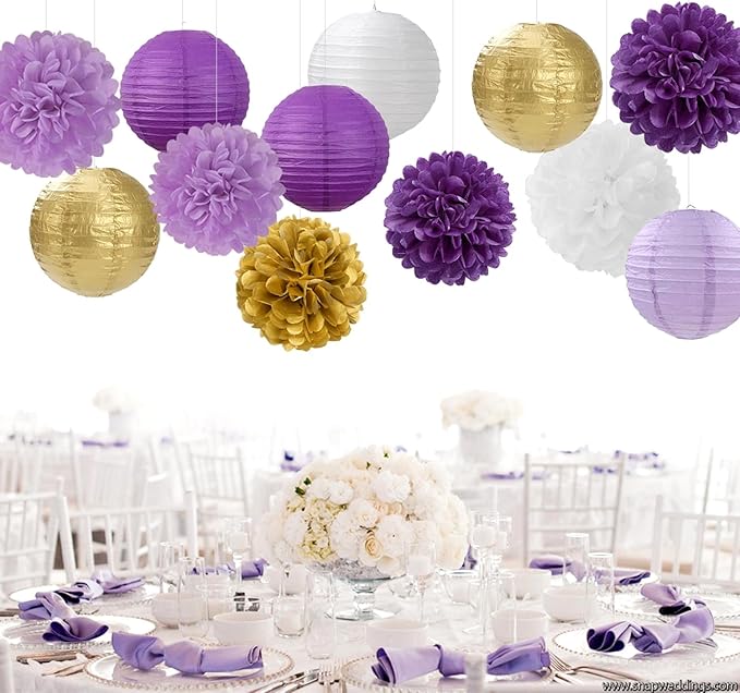Purple White-Gold Party-Decorations Paper Flowers Lanterns - 15PCS Graduation Lavender Tissue Pom Poms Streamers,Wedding Birthday Bachelorette Baby Shower Classroom Hanging Supplies Decor Hugfond