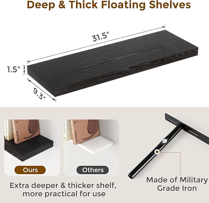 Fun Memories Black Floating Shelves 32 Inch Long, 9 Inch Deep Floating Bookshelf Wall Mounted, Farmhouse Wood Shelves White for Bathroom, Living Room, Bedroom, Home Decor Deep Shelf for Wall Set of 2