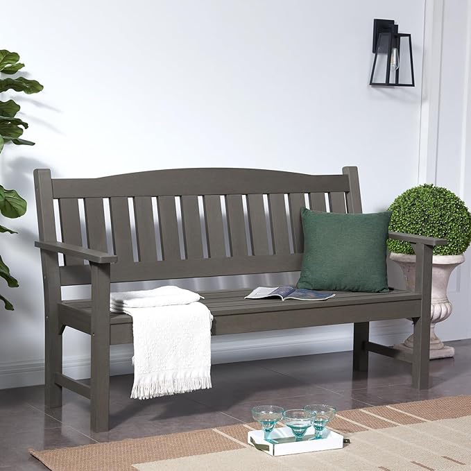 Psilvam 3-Person Outdoor Memorial Bench, All-Weather Poly Lumber Garden Bench, Rot-Resistant Outdoor Patio Bench for Park,Porch,and Church(Grey)