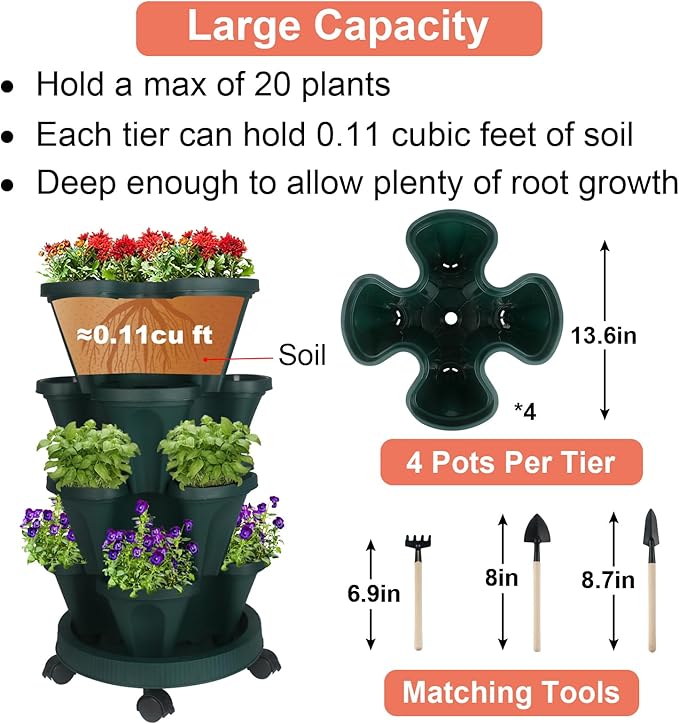 Vertical Planter 4 Tier Stackable Planters Garden Planters Strawberry Herb Flower and Vegetable Planter Indoor Outdoor Gardening Pots with Removable Wheels and Tools 2-Pack