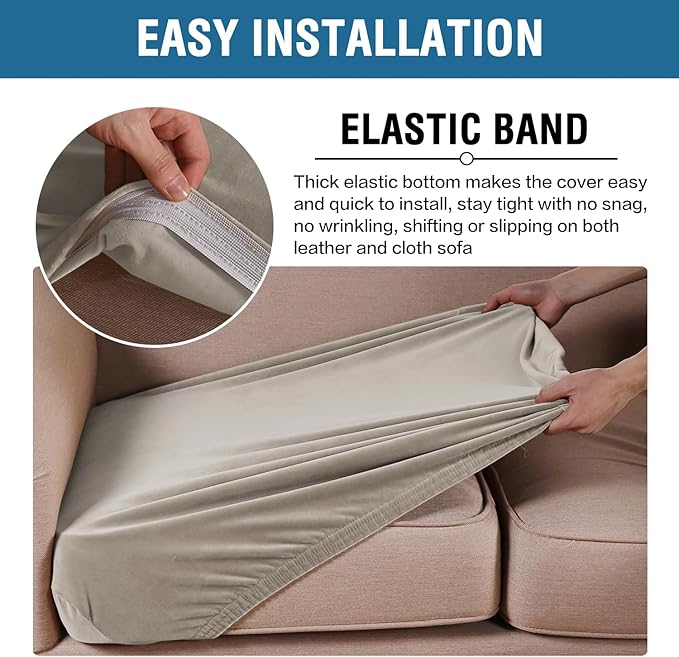 H.VERSAILTEX Velvet Stretch Couch Cushion Cover Plush Cushion Slipcover for Loveseat Cushion Furniture Protector Seat Cushion Sofa Cover (2 Piece Medium Sofa Cushion Covers, Oatmeal)