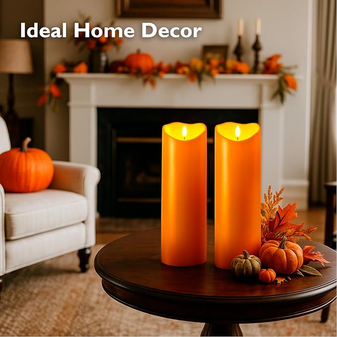 Homemory 4"x12" Halloween Orange Flameless Candles, Fall Candles, Outdoor Waterproof Flameless Candles with Remote and Timers, Battery Operated LED Pillar Candles, Won't Melt Plastic, Set of 2