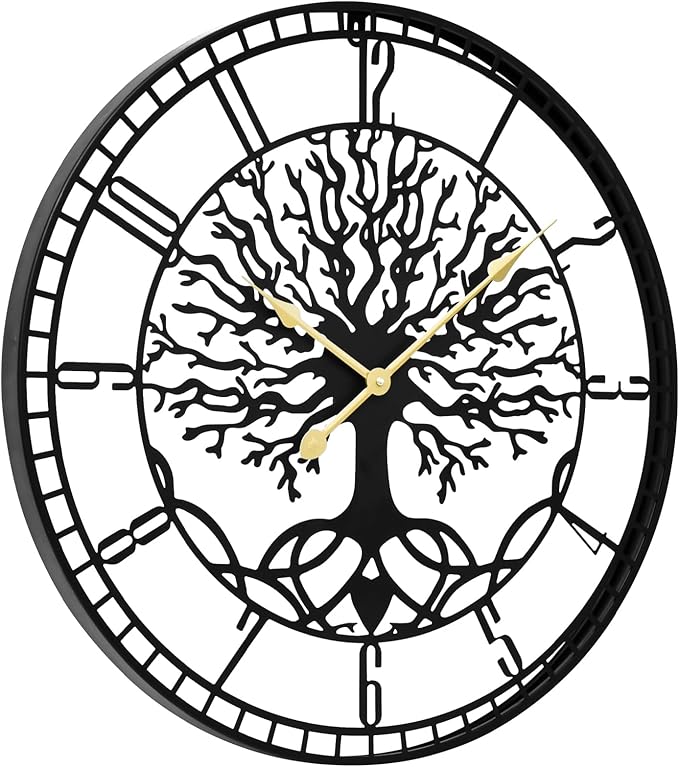 Tree of Life Wall Clock – Elegant 24-Inch Oversized Metal Farmhouse Decor for Living Room, Modern Battery Operated Wall Clock with Silent Operation