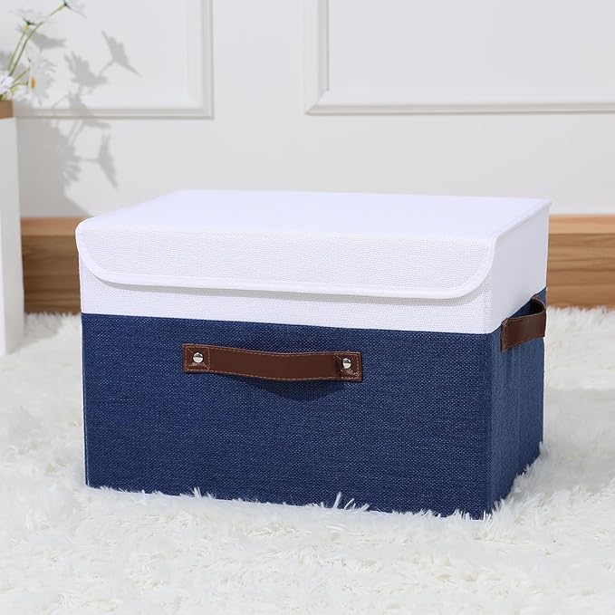 ANMINY Storage Boxes with Lids Washable Decorative Storage Bins Basket with PU Leather Handle Foldable Linen Fabric Storage Cubes Containers for Home Closet Organizer - Deep Blue White, Large Size
