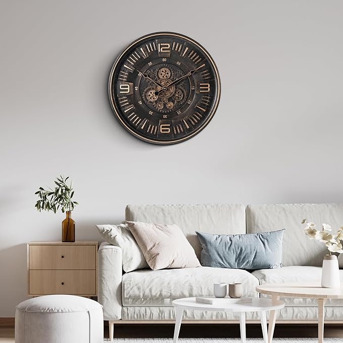 Maxstar Large Vintage Moving Gear Wall Clock, 20''Battery Operated Industrial Steampunk Metal Decor for Living Room, Office,Fireplace, Farmhouse(Arabic Number-Bronze)