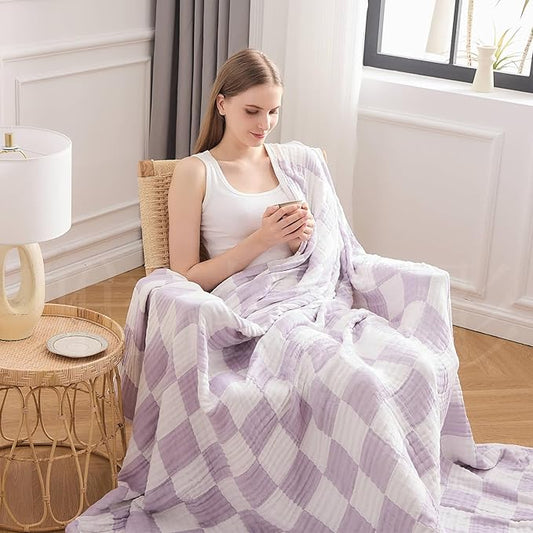 EMME Checkered Throw Blanket Cotton for Couch Soft Muslin Blankets 50"x60" Lightweight Breathable Cooling Soft All Season Gauze, Lavender