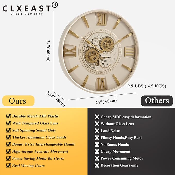 CLXEAST Mid Century Minimalist Modern Wall Clocks,24 Inch Wall Clock with Moving Gears, Large Cream Gold Wall Clocks for Living Room Decor,House Warming Gifts New Home