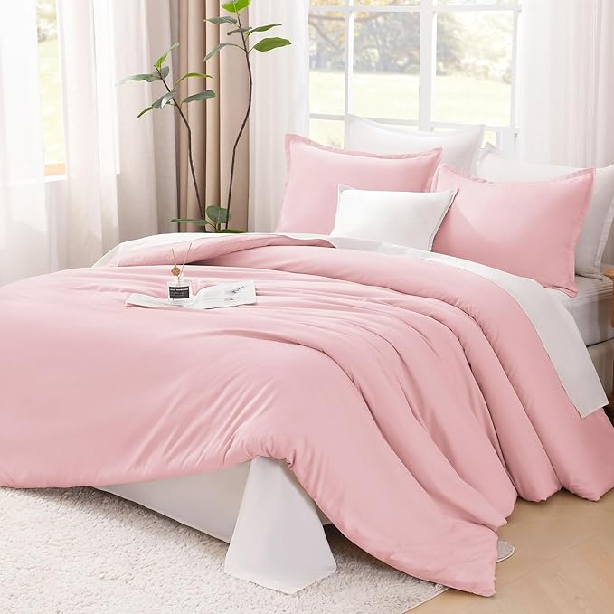Litanika Pink Twin/Twin XL Comforter Set, 2 Pieces Girls Teen Kids Cute Soft Solid Bedding Comforter Set, All Season Bed Set (66x90In Comforter & 1 Pillowcase)