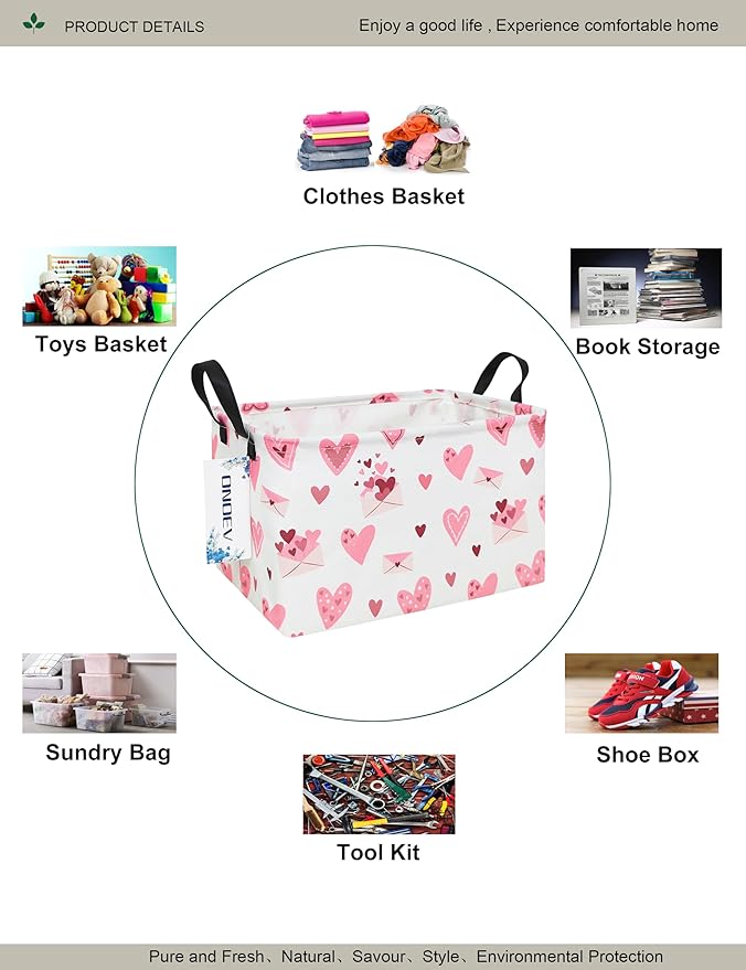 Rectangular Folding Laundry Basket,waterproof Canvas Basket,gift basket,Suitable for children's room,Office,Clothes,Toys Storage(Pink Love)