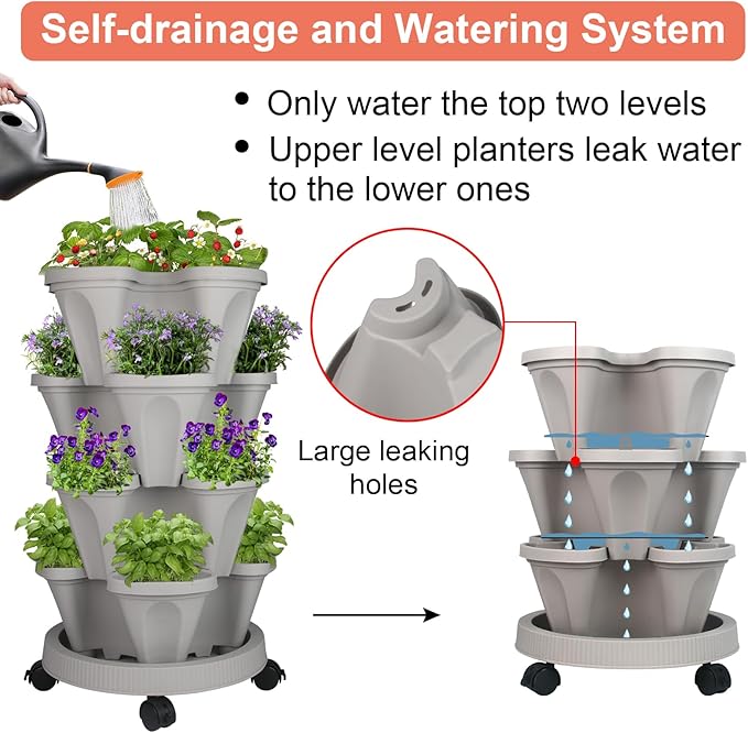 Vertical Planter 4 Tier Stackable Planters Garden Planters Strawberry Herb Flower and Vegetable Planter Indoor Outdoor Gardening Pots with Removable Wheels and Tools