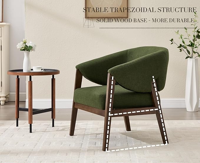 Mid-Century Modern Accent Chair, Comfy Barrel Armchair with Wide Seat, Upholstered Lounge Chair with Walnut Wood Legs for Living Room/Bedroom/Reading Corner, Linen Fabric, Deep Green, 1PC
