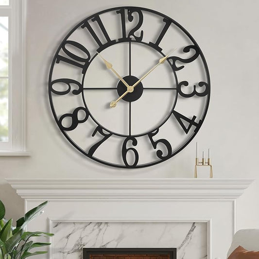 LEIKE Large Wall Clock, 18.5" Silent Non-Ticking, Battery Operated, Oversized, Decorative Retro Black Metal Clock for Living Room,Farmhouse, Dinner Room,Indoor, Outdoor(47cm, Black Arabic Number)