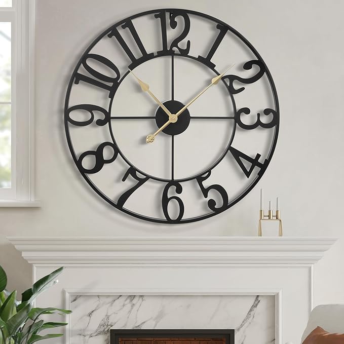 LEIKE Large Wall Clock, 16" Silent Non-Ticking, Battery Operated, Oversized, Decorative Retro Black Metal Clock for Living Room,Farmhouse, Dinner Room,Indoor, Outdoor Decor(40cm, Black Arabic Number)