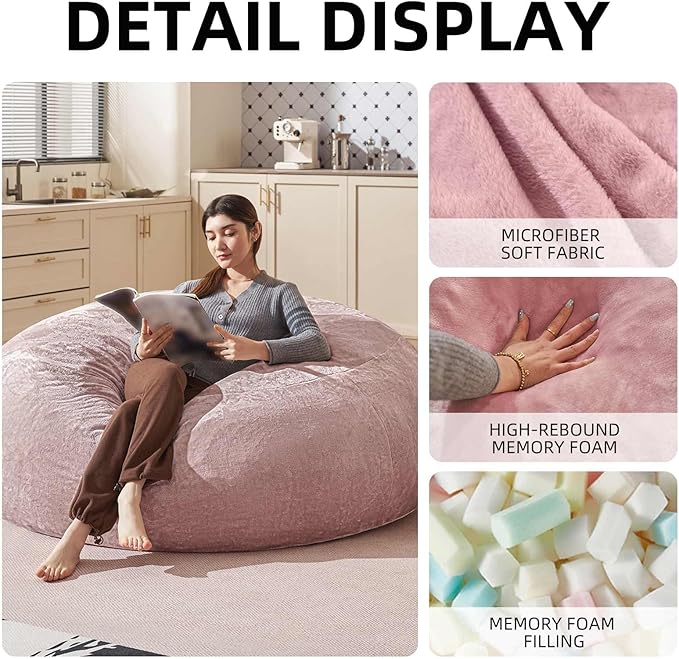 Bean Bag Chair 6Ft, Memory Foam Filled, Large Beanbag Chairs for Adults and Teens, Soft Sofa with Removable Flannel Cover, Round Couch for Living Room Bedroom College Dorm (Pink, 6FT-67×67"×24")